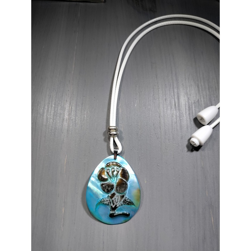TrailerSpark Mother of Pearl Hibiscus Flower Pendant White Waxed Cord Necklace